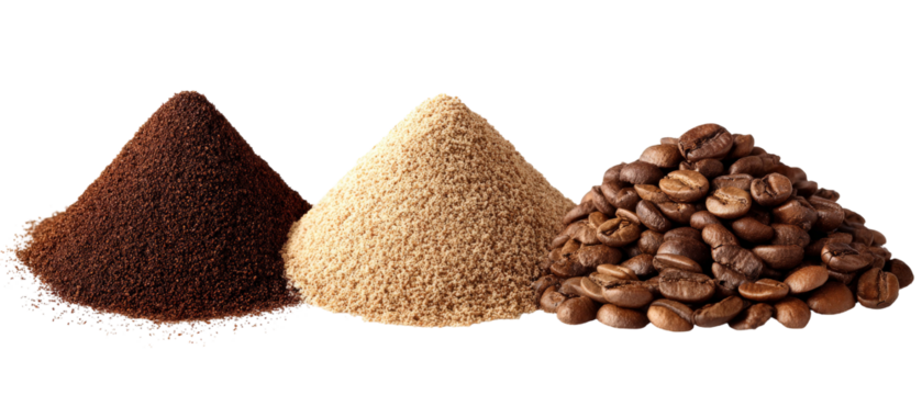 A visually appealing arrangement of three distinct types of coffee finely ground, medium ground, and whole beans, showcasing their textures against a clean white background