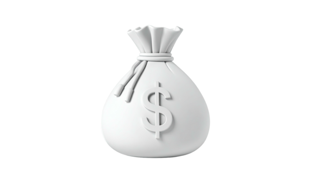 White money bag, drawstring closure, dollar symbol emblem