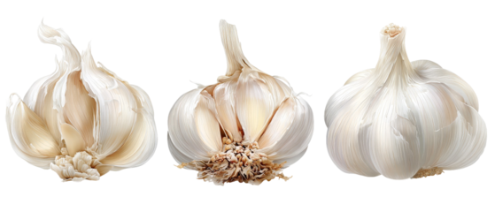 Three distinct garlic bulbs showcasing their unique shapes and textures, set against a clean background, ideal for culinary applications or food-related content