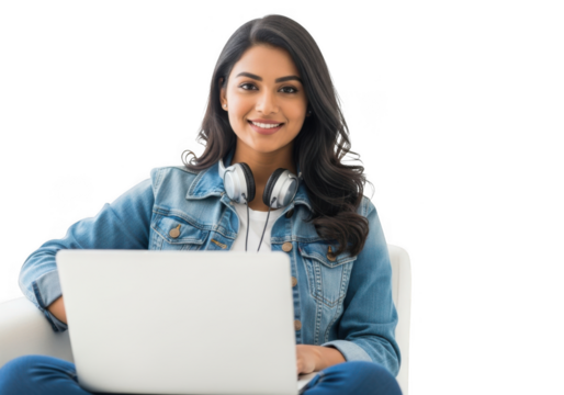Young woman with headphones and laptop, smiling and looking at camera