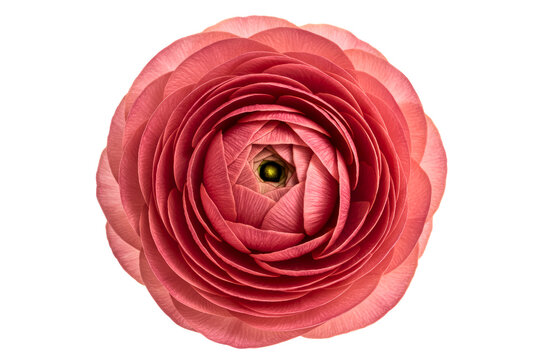 Macro top view of a beautiful pink ranunculus flower in bloom on a transparent background