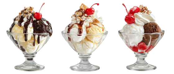 Three delicious ice cream sundaes featuring various flavors topped with whipped cream, cherries, and nuts, set against a plain background perfect for dessert promotion