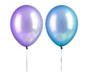 Two shiny balloons, lavender and blue, against black backdrop