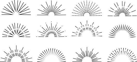 Sun rays line design elements. Vector linear icons in minimal boho style. Half circle shapes logos. Sunset or sunrise symbols set
