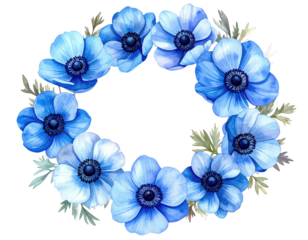 Blue flower wreath on black. Watercolor floral design