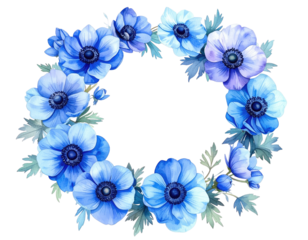 Blue anemone flower wreath on transparent background