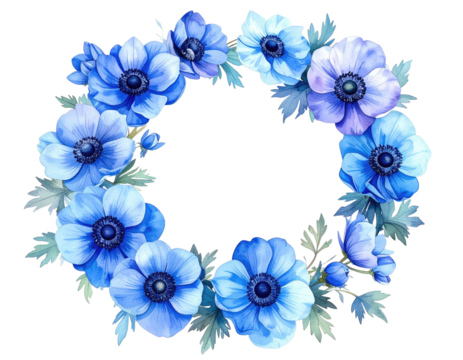 Blue anemone flower wreath on transparent background