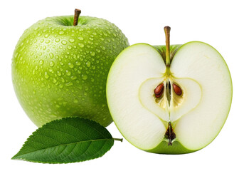 Whole and cut Granny Smith apples, water droplets, white flesh, seeds, blurred leaf, transparent background, macro studio shot, soft light Concept of freshness and healthy eating
