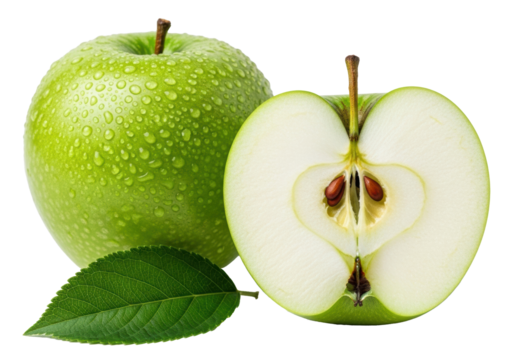 Whole and cut Granny Smith apples, water droplets, white flesh, seeds, blurred leaf, transparent background, macro studio shot, soft light Concept of freshness and healthy eating