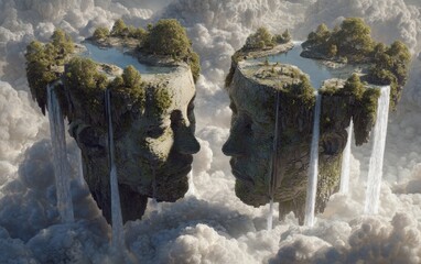 Two colossal sculpted landmasses resembling human profiles float above dense white clouds, featuring natural landscapes and cascading waterfalls.