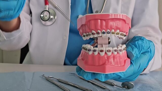 Orthodontist demonstrates how to use dental tools on a model during an educational session