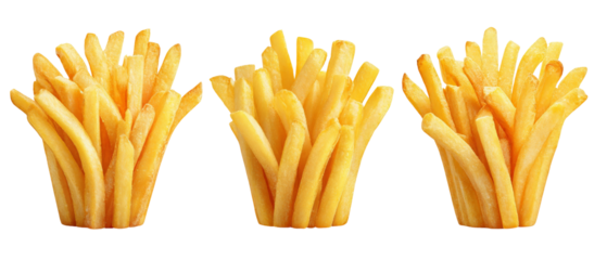 A vibrant display of three separate servings of golden, crispy French fries arranged in a visually appealing manner, highlighting their texture against a clean background