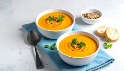 Creamy Carrot Soup with Toasted Seeds and Fresh Herbs.