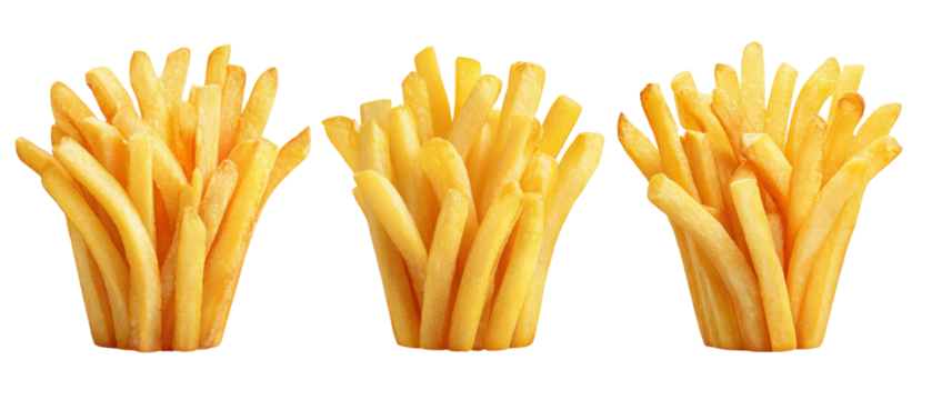 A vibrant display of three separate servings of golden, crispy French fries arranged in a visually appealing manner, highlighting their texture against a clean background