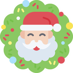 Festive Flat Design Icon of Santa Claus Face Surrounded by a Green Wreath with Colorful Sprinkles and Small Ornaments on a Transparent Background