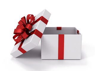 Open White Gift Box with Red Ribbon and Bow on White Surface
