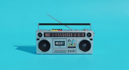 Retro boombox playing music, vintage portable stereo with cassette tape on blue background
