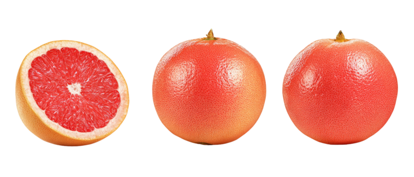 Freshly sliced and whole pink grapefruits displayed against a clean background, showcasing their vibrant color and texture, ideal for culinary and health-related content