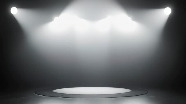 Empty Stage With Multiple Spotlights Shining Down Creating Dramatic Light Beams Onto A Circular Podium With A Dark Background