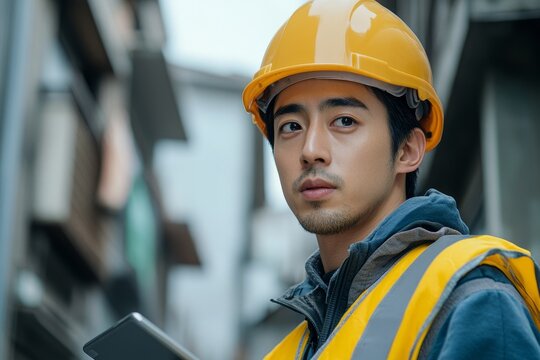 Close-up photo of thoughtful and serious young Asian man, a factory worker and engineer, standing outside in a hard hat and vest, using a tablet to review work progress, Generative AI - Powered by Adobe