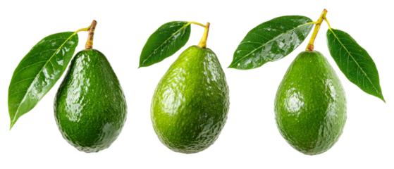 Three ripe avocados with vibrant green skin and fresh leaves arranged closely together, showcasing their natural texture against a clean background, ideal for culinary or health-related content