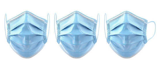 Obraz premium Three blue surgical masks arranged in a row, showcasing their design and structure, set against a clean white background, ideal for health-related articles and safety promotions