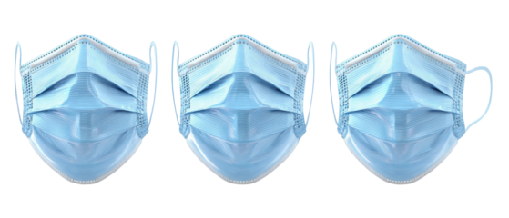 Three blue surgical masks arranged in a row, showcasing their design and structure, set against a clean white background, ideal for health-related articles and safety promotions