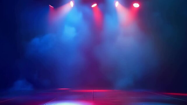 Empty Stage With Red And Blue Stage Lights And Fog Ready For Performance