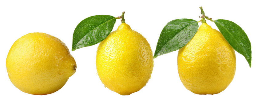 Three fresh lemons with vibrant yellow skin and green leaves, arranged in a row on a transparent background, ideal for food-related content, recipes, or healthy lifestyle themes