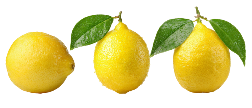 Three fresh lemons with vibrant yellow skin and green leaves, arranged in a row on a transparent background, ideal for food-related content, recipes, or healthy lifestyle themes