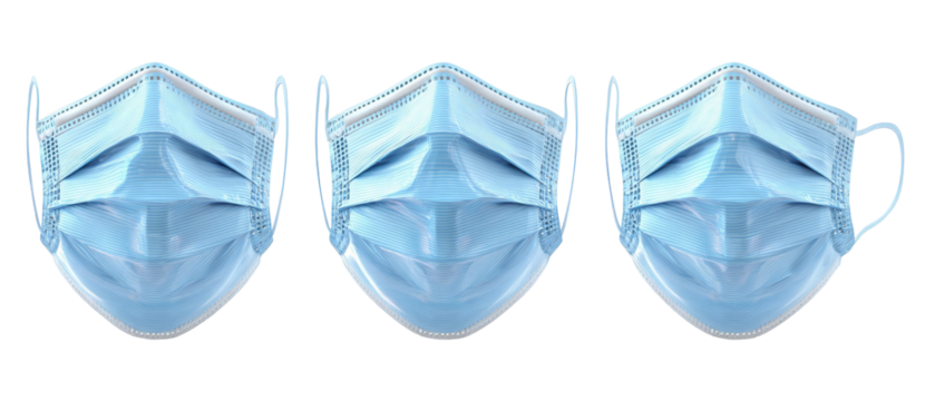 Three blue surgical masks arranged in a row, showcasing their design and structure, set against a clean white background, ideal for health-related articles and safety promotions