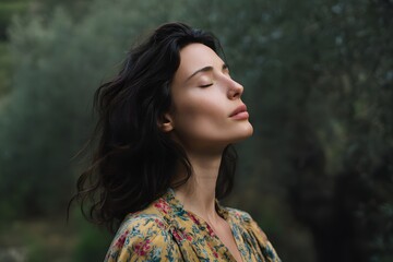 Fototapeta premium Brunette woman with closed eyes enjoys the tranquility of a serene garden setting