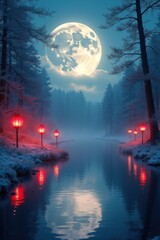 Fototapeta premium Mystical forest scene with full moon and glowing lanterns reflecting in water