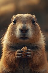 Fototapeta premium Close up of a fluffy prairie dog holding food in its paws
