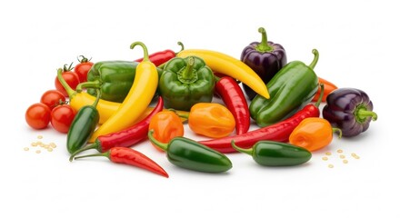 Assorted Chili Peppers and Tomatoes on White Background, Hot pepper, Red pepper, Green pepper
