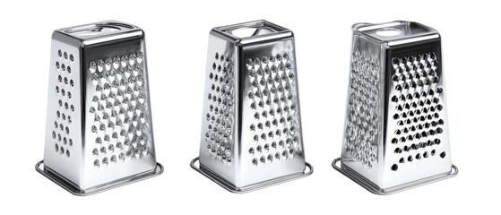 A close-up view of three metallic kitchen graters with different grating surfaces, positioned on a white background, showcasing their unique designs and potential culinary uses