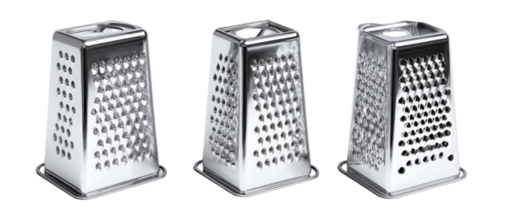 A close-up view of three metallic kitchen graters with different grating surfaces, positioned on a white background, showcasing their unique designs and potential culinary uses