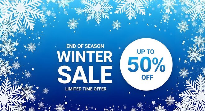 Winter season end sale banner with snow and 50% off discount
