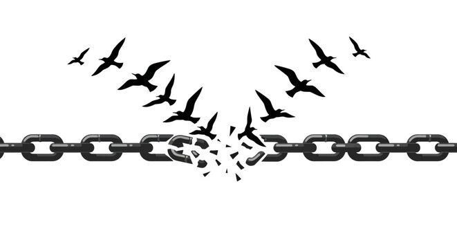 A symbolic image depicting freedom, with birds breaking free from a chain.