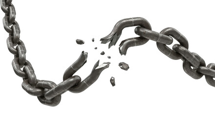 Broken metal chain with broken links on white background.