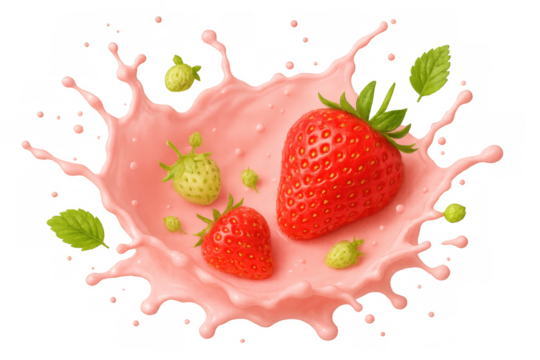 Ripe red and green unripe strawberries falling into a swirl of creamy pink yogurt or milk splash with mint leaves