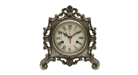 Elegant vintage table clock with intricate silver detailing, roman numerals, and ornate design, a timeless piece of decor, perfect for adding a touch of classic charm to any space