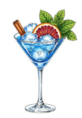 Vibrant watercolor illustration, bright blue cocktail in coupe glass, with ice, cinnamon, blood orange, mint on white background, Concept for festive refreshment