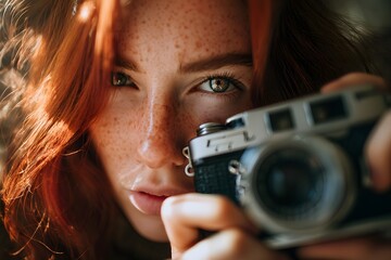 Close-up of a young woman with red hair holding a vintage camera to her face