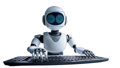 Cute 3D Robot Character Typing on Computer Keyboard Isolated on White Background