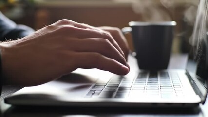 Close up of a person s hands typing on a laptop keyboard next to a steaming cup of coffee symbolizing remote work and productivity - Powered by Adobe