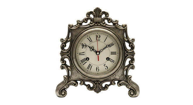 Elegant vintage table clock with intricate silver detailing, roman numerals, and ornate design, a timeless piece of decor, perfect for adding a touch of classic charm to any space