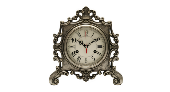 Elegant vintage table clock with intricate silver detailing, roman numerals, and ornate design, a timeless piece of decor, perfect for adding a touch of classic charm to any space - Powered by Adobe