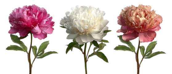A vibrant display of three peony flowers, showcasing their lush petals in pink, white, and coral hues, set against a stark black background, perfect for floral design inspiration