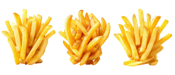 A vibrant display of freshly cooked golden French fries arranged in three clusters, showcasing their crispy texture against a clean background, ideal for food-related content
